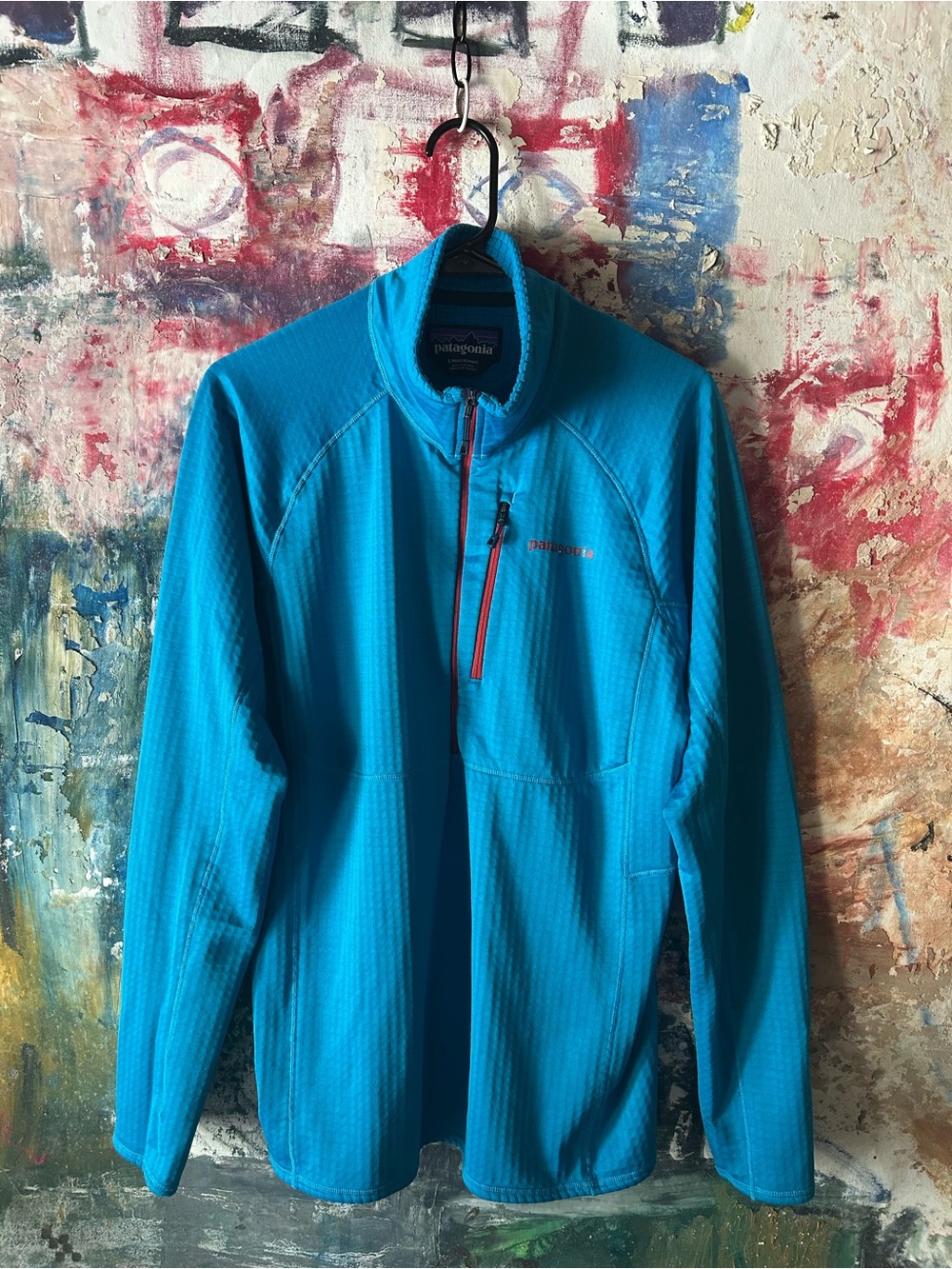 Patagonia Men’s Bright Teal Performance Half-Zip Jacket with Red Trim
